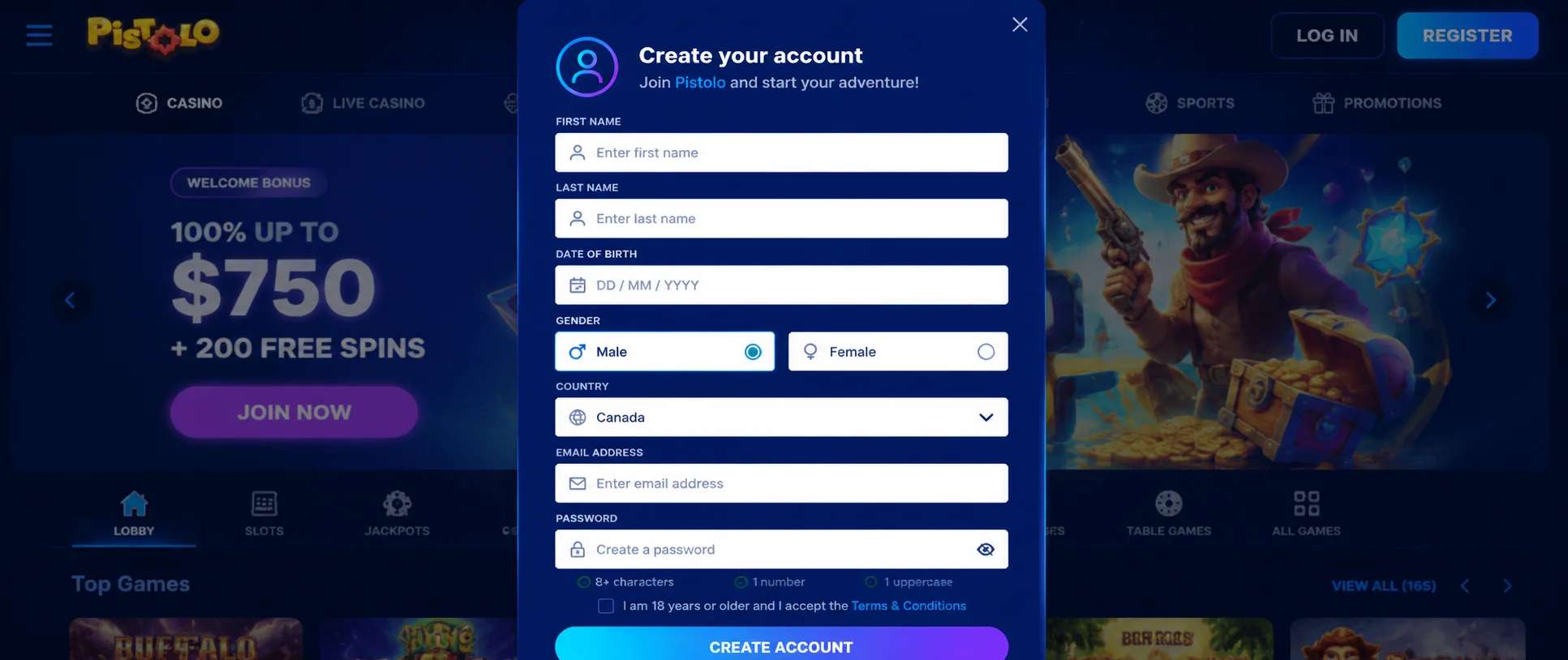 Schermata di login del conto Pistolo